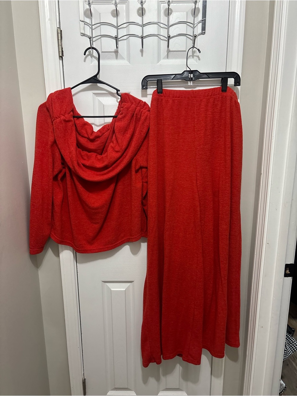 Soho Apparel Red Wide-Leg Knit Pants and Draped Top Set